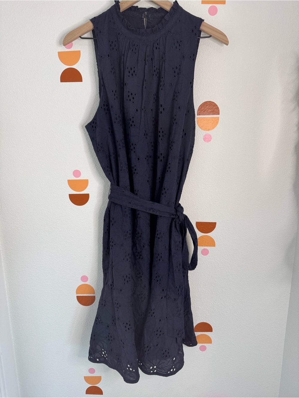 Ann Taylor Navy Eyelet Midi Dress with Tie Waist